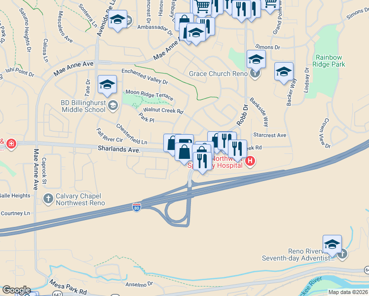 map of restaurants, bars, coffee shops, grocery stores, and more near 6290 Chesterfield Lane in Reno