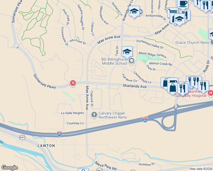 map of restaurants, bars, coffee shops, grocery stores, and more near 6850 Sharlands Avenue in Reno