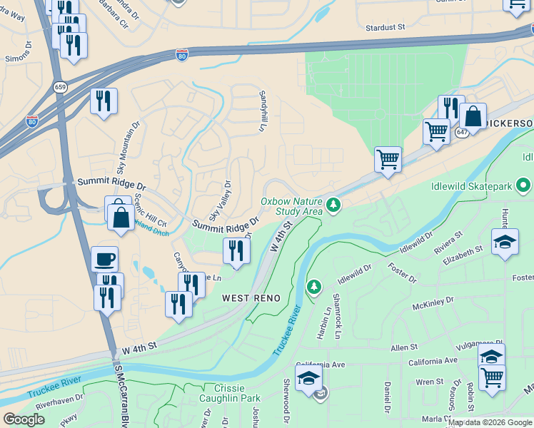 map of restaurants, bars, coffee shops, grocery stores, and more near 4380 Tuscany Circle in Reno