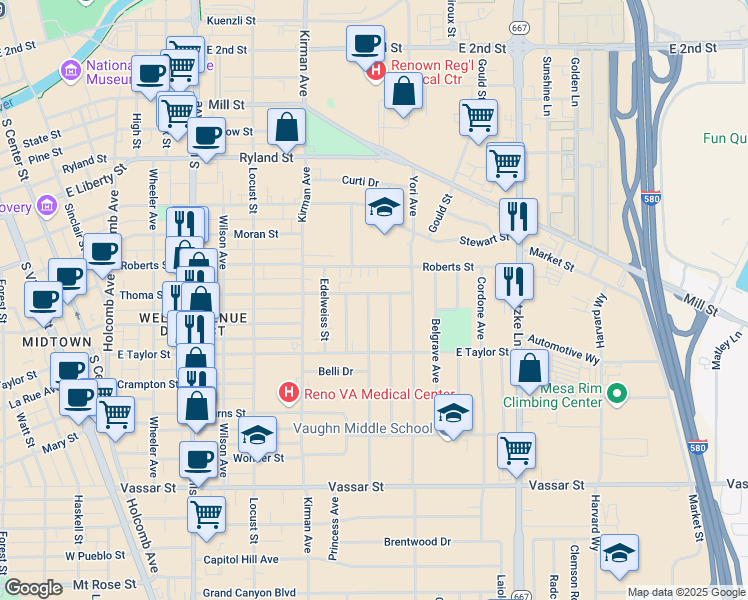 map of restaurants, bars, coffee shops, grocery stores, and more near 701 Wilkinson Avenue in Reno