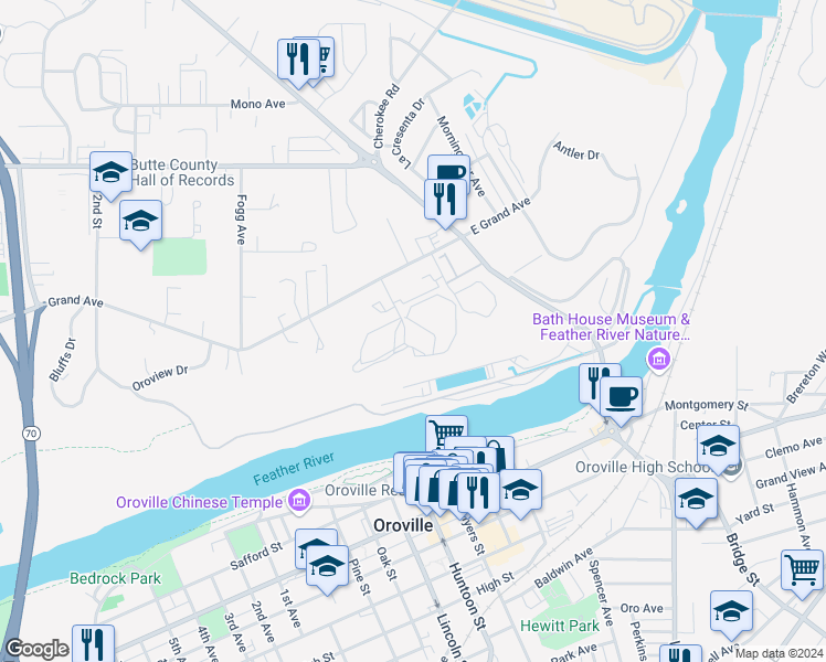 map of restaurants, bars, coffee shops, grocery stores, and more near 55 Grand Avenue in Oroville