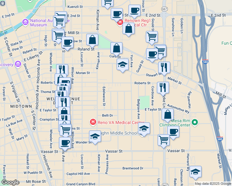 map of restaurants, bars, coffee shops, grocery stores, and more near 701 Wilkinson Avenue in Reno