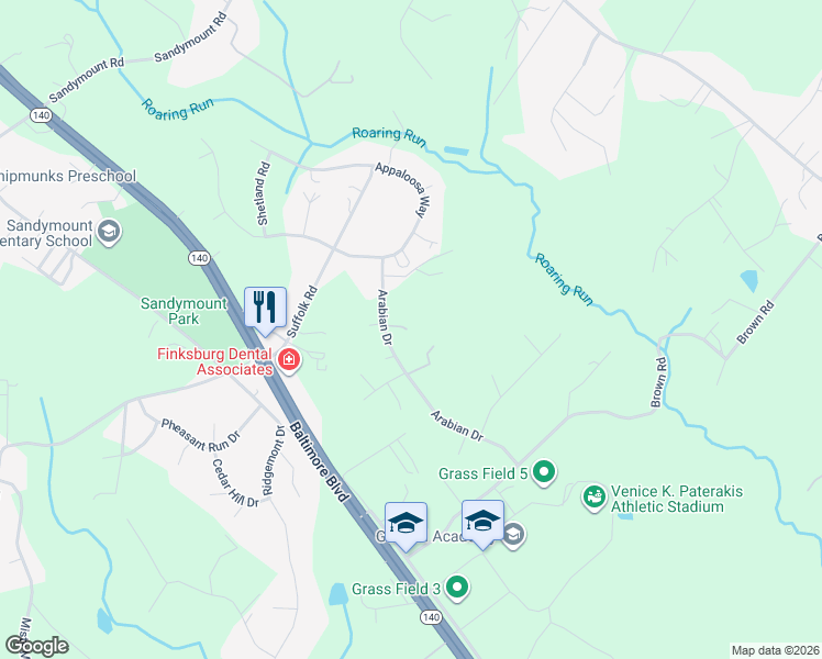 map of restaurants, bars, coffee shops, grocery stores, and more near 2550 Arabian Ct in Carroll