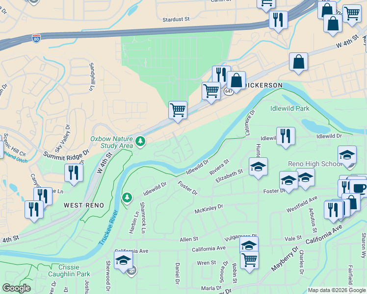 map of restaurants, bars, coffee shops, grocery stores, and more near 290 Mark Jeffrey Lane in Reno