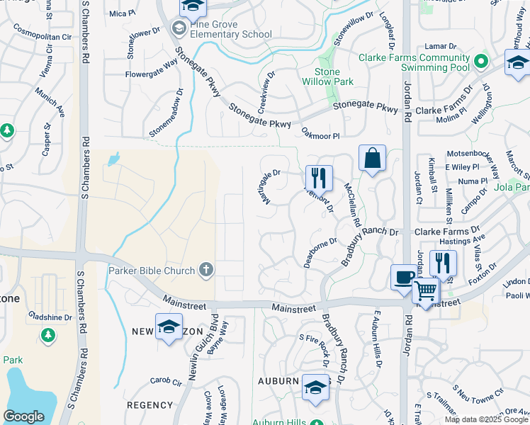map of restaurants, bars, coffee shops, grocery stores, and more near 10893 Bullock Court in Parker