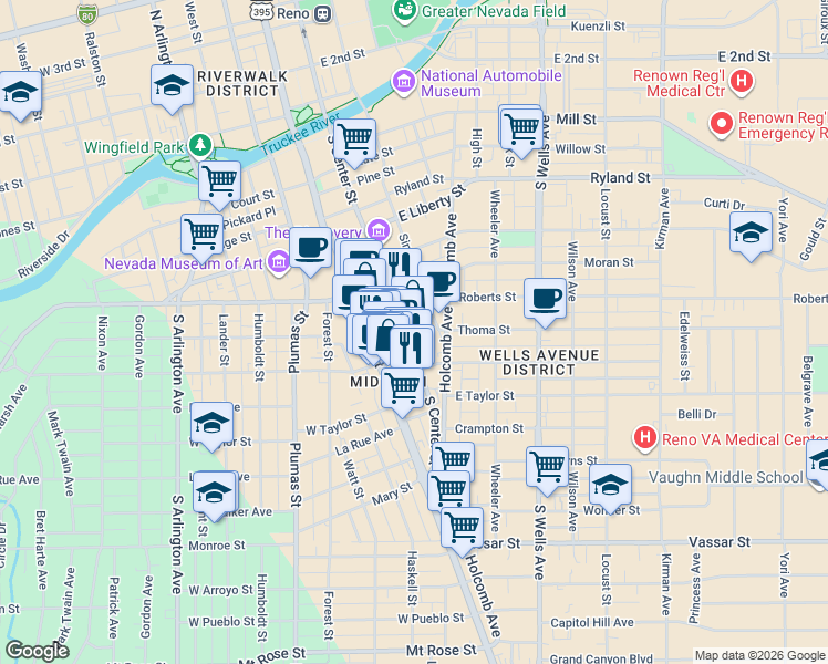 map of restaurants, bars, coffee shops, grocery stores, and more near in Reno
