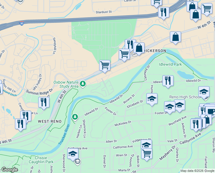 map of restaurants, bars, coffee shops, grocery stores, and more near 290 Mark Jeffrey Lane in Reno