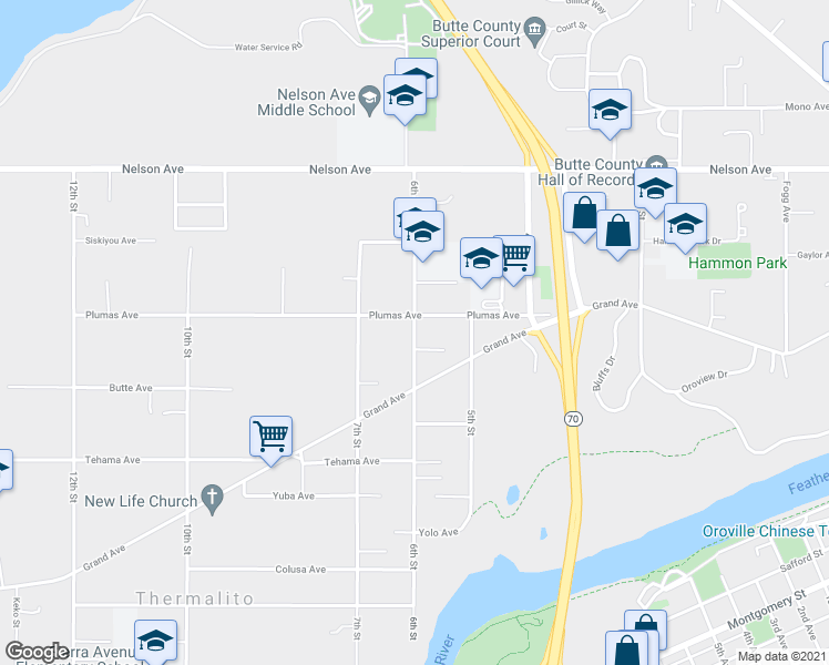 map of restaurants, bars, coffee shops, grocery stores, and more near 1964 6th Street in Oroville