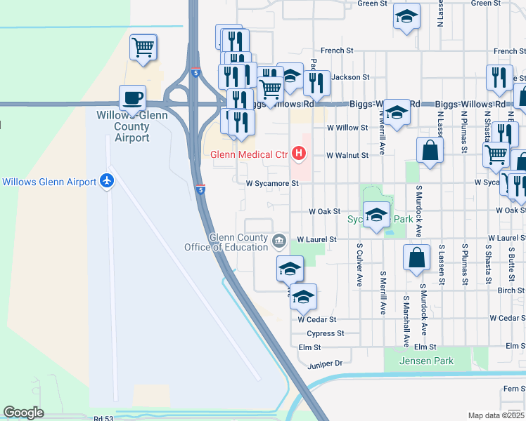 map of restaurants, bars, coffee shops, grocery stores, and more near 19 Donnie Lane in Willows