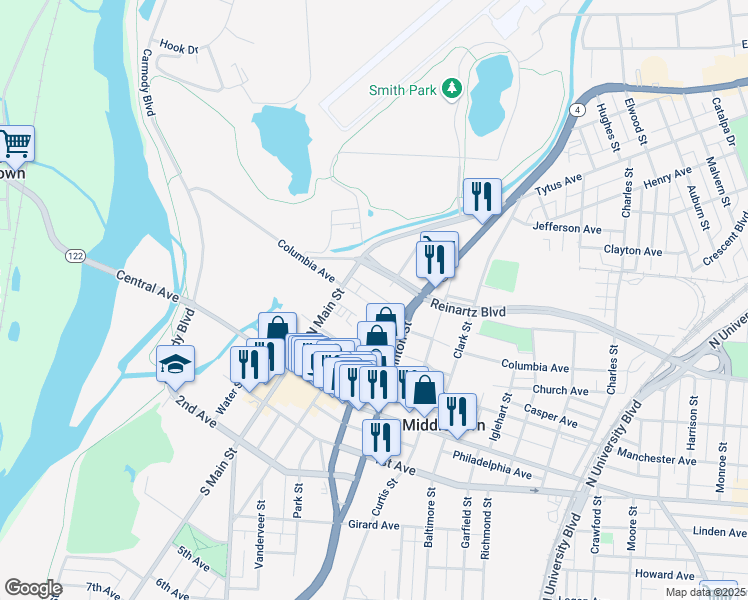 map of restaurants, bars, coffee shops, grocery stores, and more near 1 Donham Plaza in Middletown