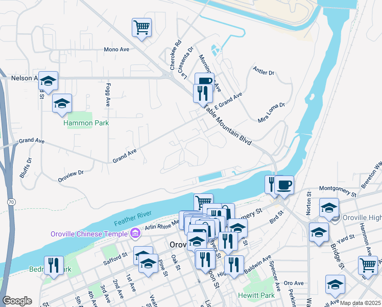 map of restaurants, bars, coffee shops, grocery stores, and more near 76 Rancho Vista Drive in Oroville