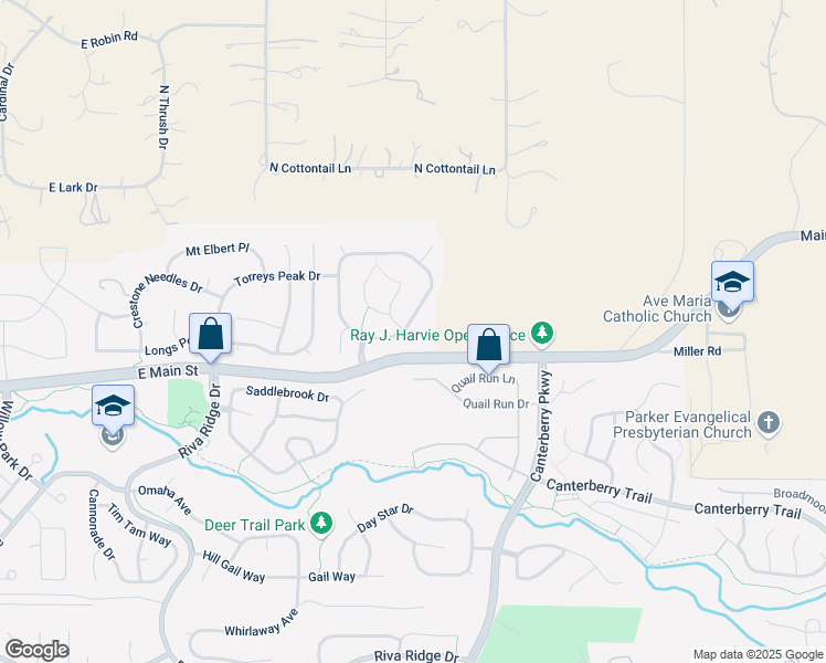 map of restaurants, bars, coffee shops, grocery stores, and more near 10822 East Quail Creek Drive in Parker