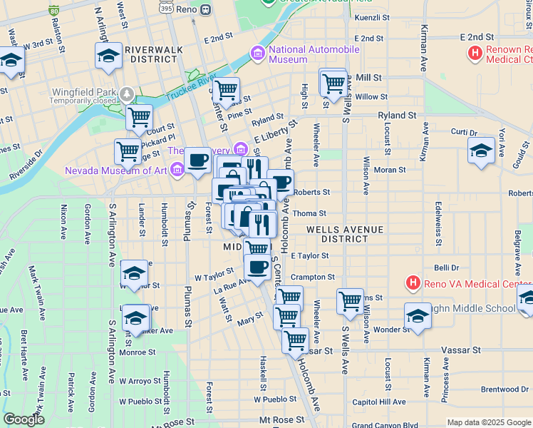map of restaurants, bars, coffee shops, grocery stores, and more near in Reno