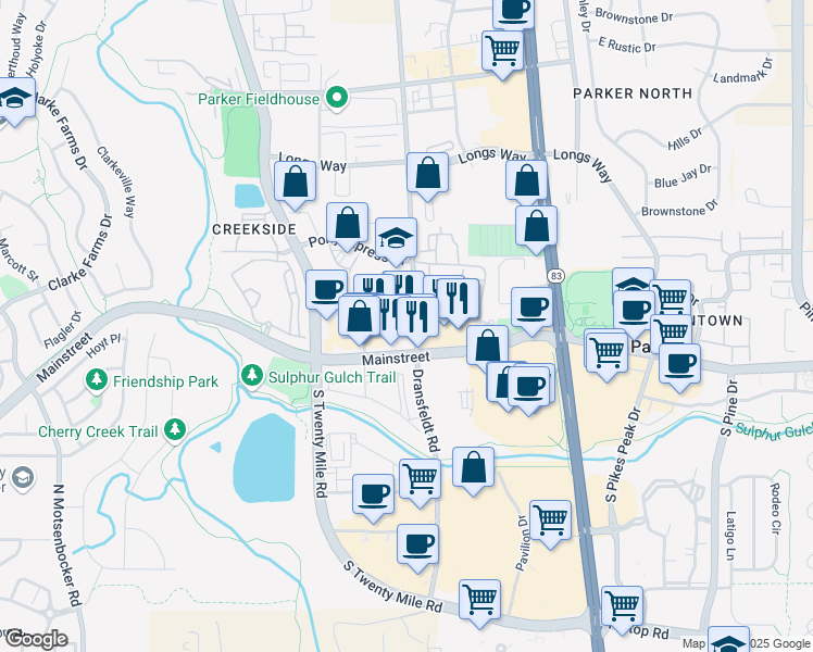 map of restaurants, bars, coffee shops, grocery stores, and more near 18801 Mainstreet in Parker