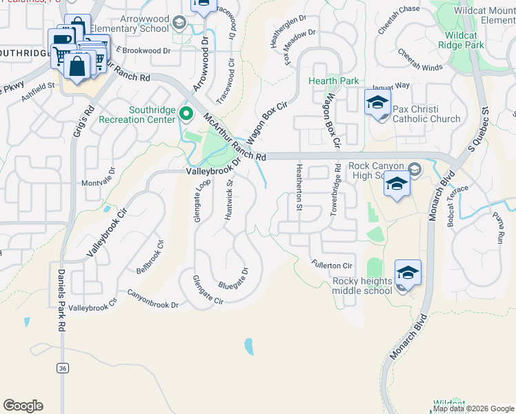 map of restaurants, bars, coffee shops, grocery stores, and more near 11063 Glengate Cir in Littleton