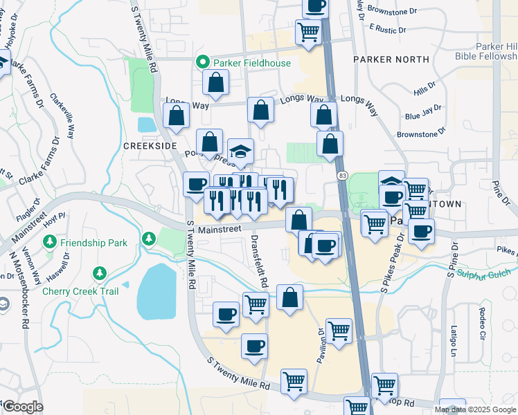 map of restaurants, bars, coffee shops, grocery stores, and more near 18801 Mainstreet in Parker