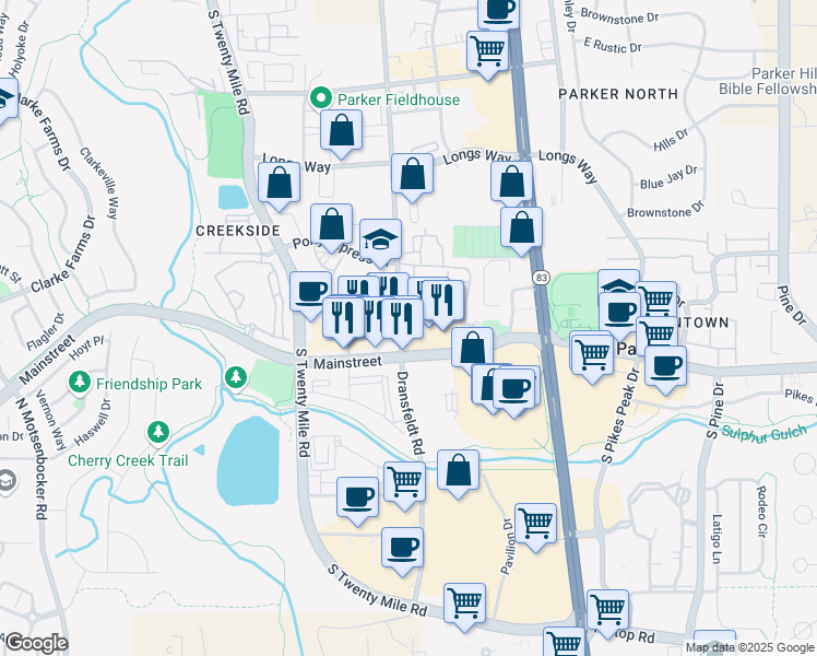 map of restaurants, bars, coffee shops, grocery stores, and more near 18801 Mainstreet in Parker