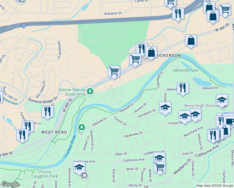 map of restaurants, bars, coffee shops, grocery stores, and more near 290 Mark Jeffrey Lane in Reno