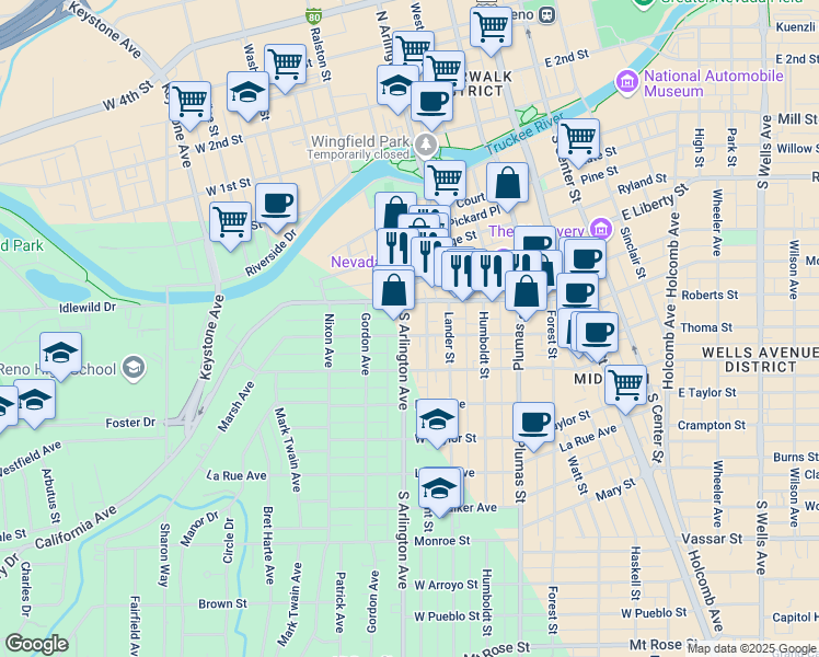 map of restaurants, bars, coffee shops, grocery stores, and more near 449 Marsh Avenue in Reno