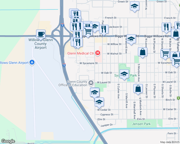 map of restaurants, bars, coffee shops, grocery stores, and more near 133 Villa Court in Willows
