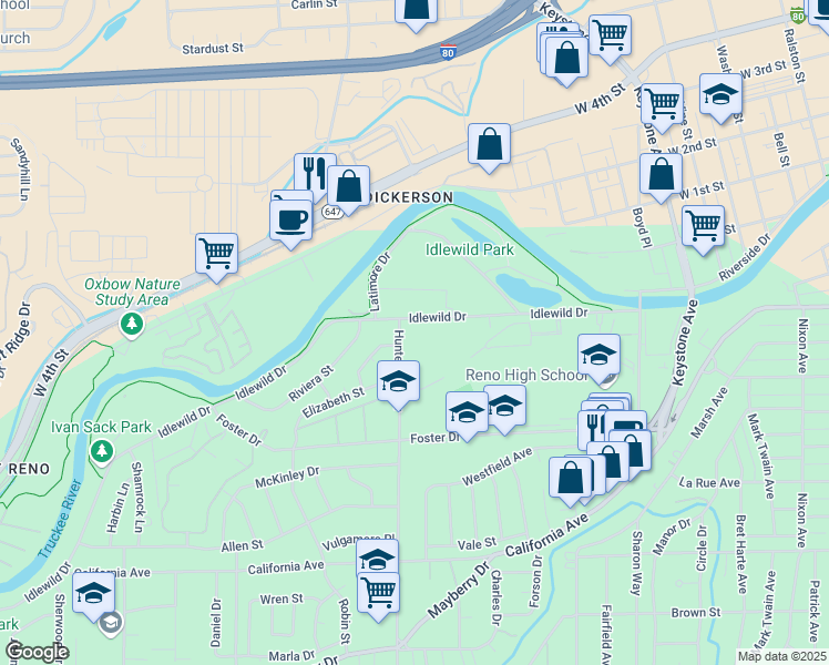 map of restaurants, bars, coffee shops, grocery stores, and more near 1900 Idlewild Drive in Reno