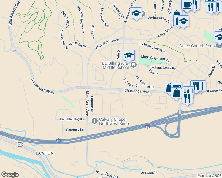 map of restaurants, bars, coffee shops, grocery stores, and more near Avenida De Landa & Sharlands Ave in Reno