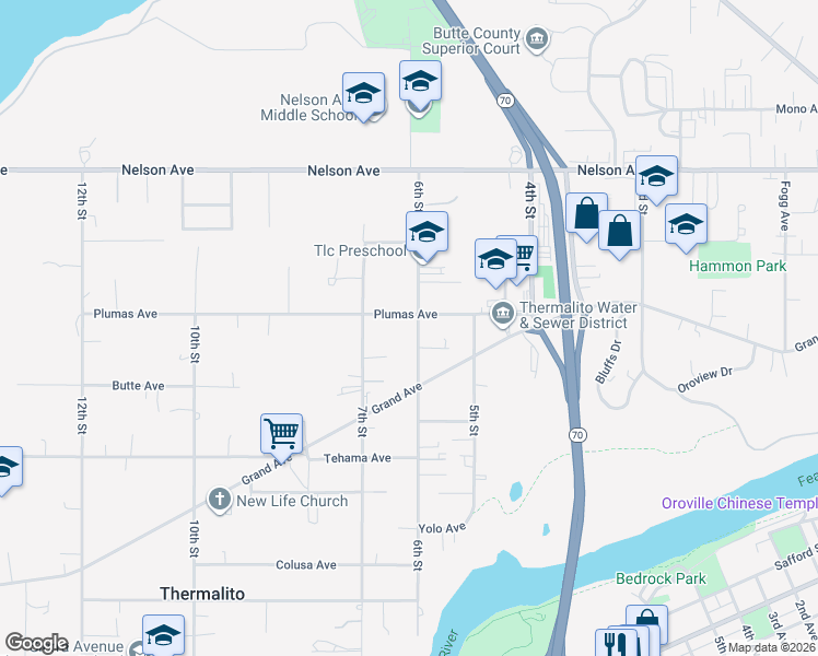 map of restaurants, bars, coffee shops, grocery stores, and more near 1963 6th Street in Oroville