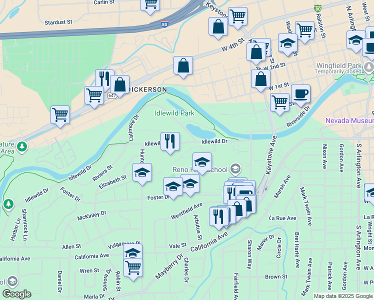 map of restaurants, bars, coffee shops, grocery stores, and more near 1450 Idlewild Drive in Reno