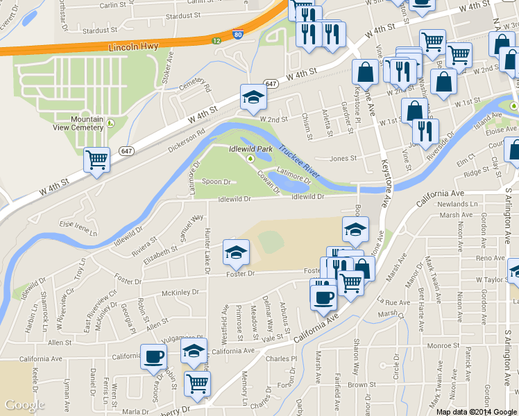 map of restaurants, bars, coffee shops, grocery stores, and more near 1450 Idlewild Drive in Reno