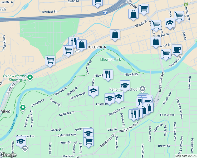 map of restaurants, bars, coffee shops, grocery stores, and more near 98 Hunter Lake Drive in Reno