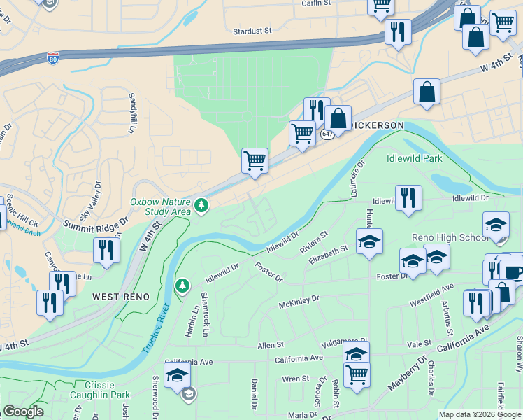 map of restaurants, bars, coffee shops, grocery stores, and more near 290 Mark Jeffrey Lane in Reno