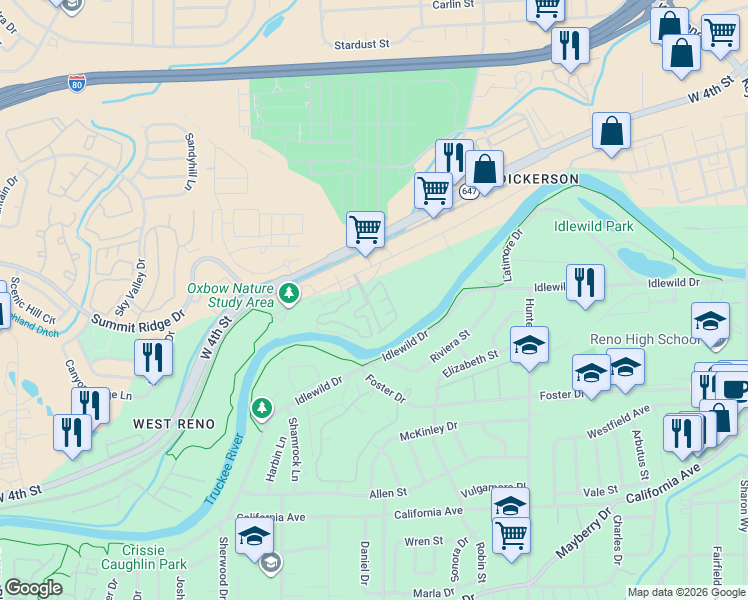 map of restaurants, bars, coffee shops, grocery stores, and more near 290 Mark Jeffrey Lane in Reno