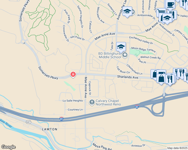 map of restaurants, bars, coffee shops, grocery stores, and more near 371 Capricorn Circle in Reno