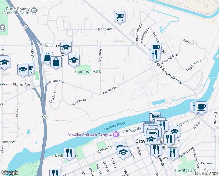 map of restaurants, bars, coffee shops, grocery stores, and more near 70 Grand Avenue in Oroville