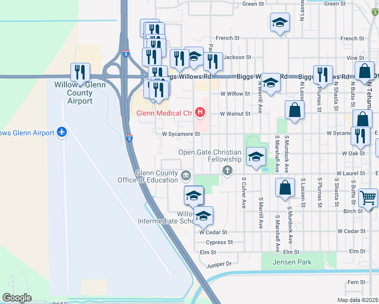 map of restaurants, bars, coffee shops, grocery stores, and more near 7 Donnie Lane in Willows