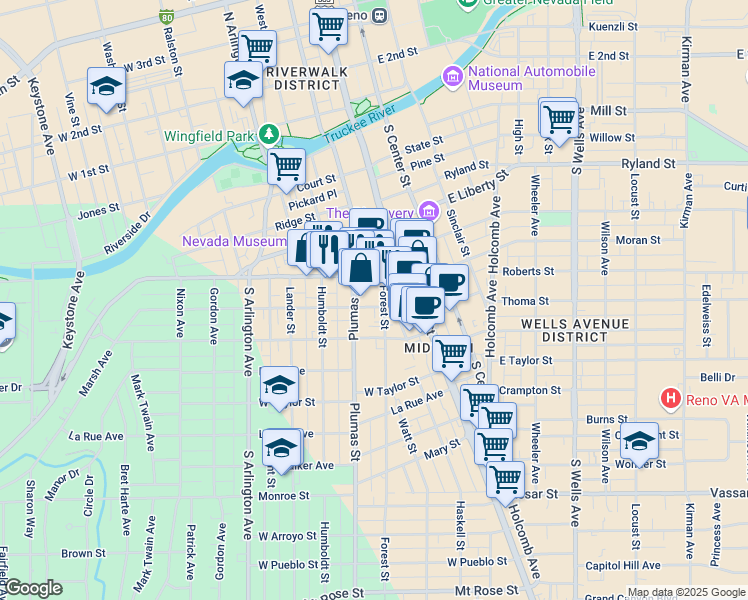map of restaurants, bars, coffee shops, grocery stores, and more near 142 Marsh Avenue in Reno