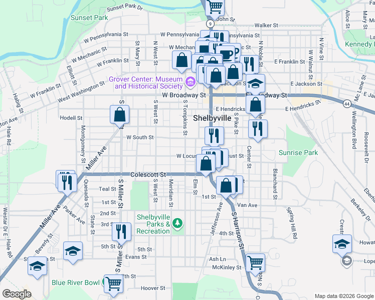map of restaurants, bars, coffee shops, grocery stores, and more near 626 South Tompkins Street in Shelbyville