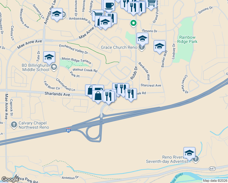 map of restaurants, bars, coffee shops, grocery stores, and more near 6178 Chesterfield Lane in Reno