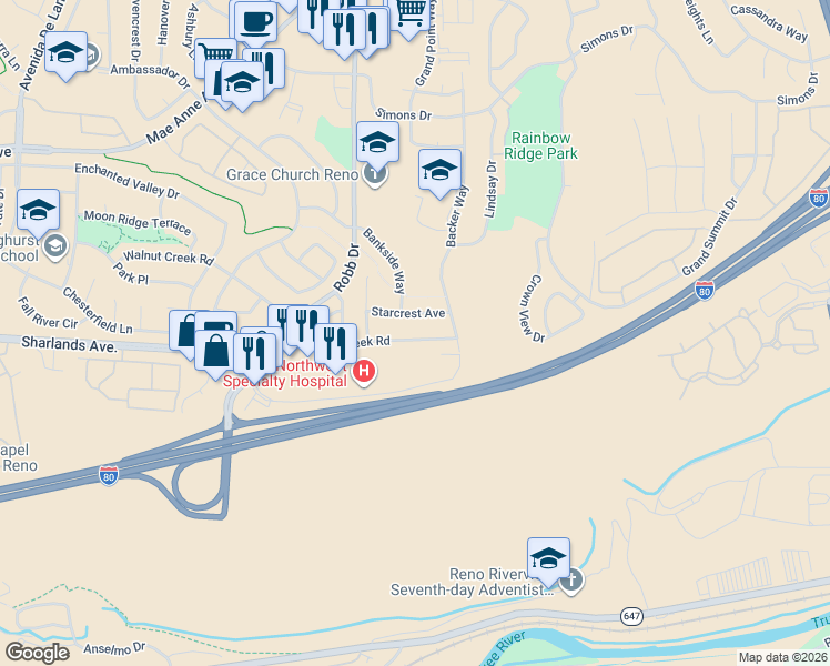 map of restaurants, bars, coffee shops, grocery stores, and more near 5878 Walnut Creek Road in Reno