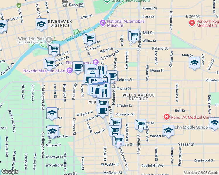 map of restaurants, bars, coffee shops, grocery stores, and more near in Reno