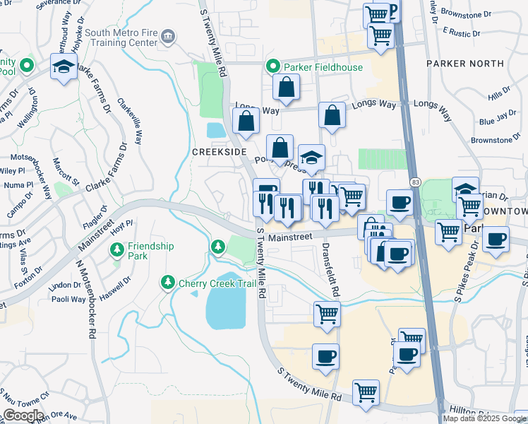 map of restaurants, bars, coffee shops, grocery stores, and more near 720 Twenty Mile Road in Parker