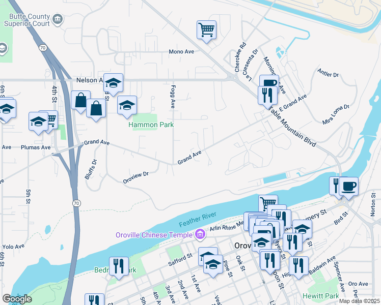 map of restaurants, bars, coffee shops, grocery stores, and more near 70 Grand Avenue in Oroville