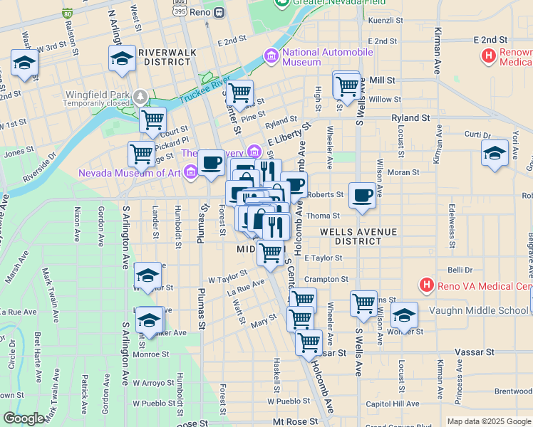 map of restaurants, bars, coffee shops, grocery stores, and more near 695 South Center Street in Reno