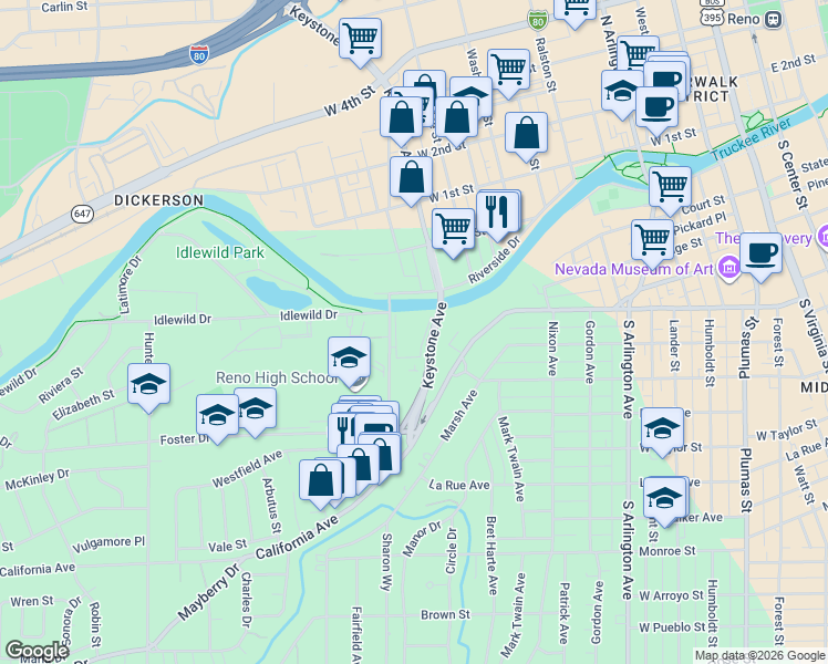 map of restaurants, bars, coffee shops, grocery stores, and more near 200 Booth Street in Reno