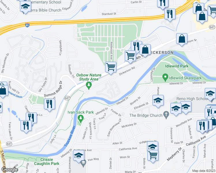 map of restaurants, bars, coffee shops, grocery stores, and more near 2680 Dana Kristin Lane in Reno