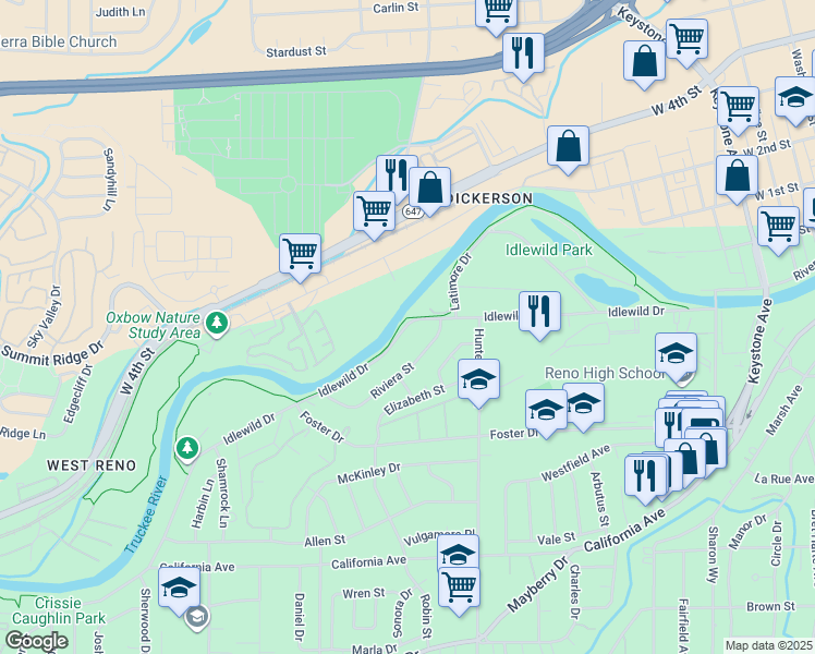map of restaurants, bars, coffee shops, grocery stores, and more near 2202 Idlewild Drive in Reno