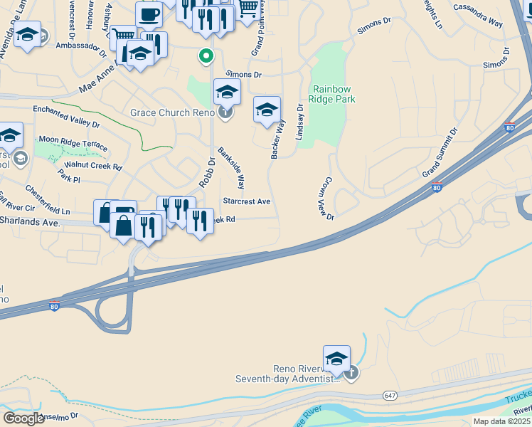 map of restaurants, bars, coffee shops, grocery stores, and more near 5837 Walnut Creek Road in Reno
