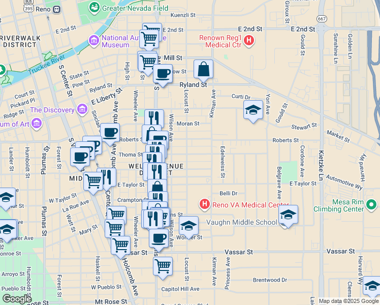 map of restaurants, bars, coffee shops, grocery stores, and more near 700 Locust Street in Reno