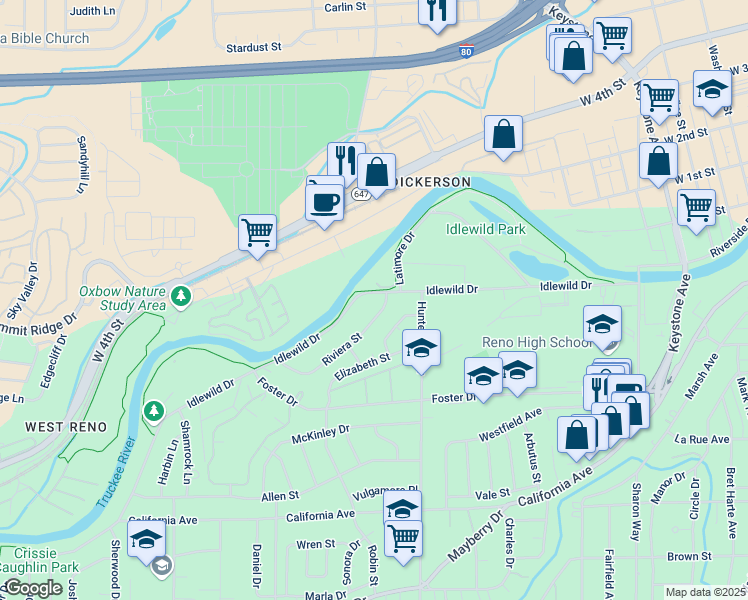 map of restaurants, bars, coffee shops, grocery stores, and more near 2161 Riviera Street in Reno