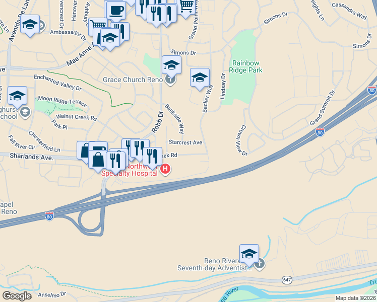 map of restaurants, bars, coffee shops, grocery stores, and more near 5878 Walnut Creek Road in Reno